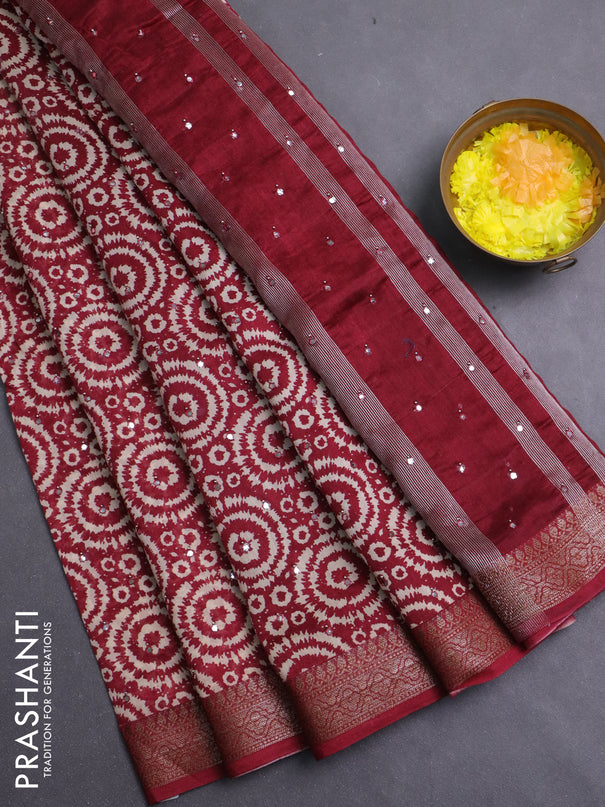 Chanderi silk cotton saree maroon with allover prints & mirror work and banarasi style border