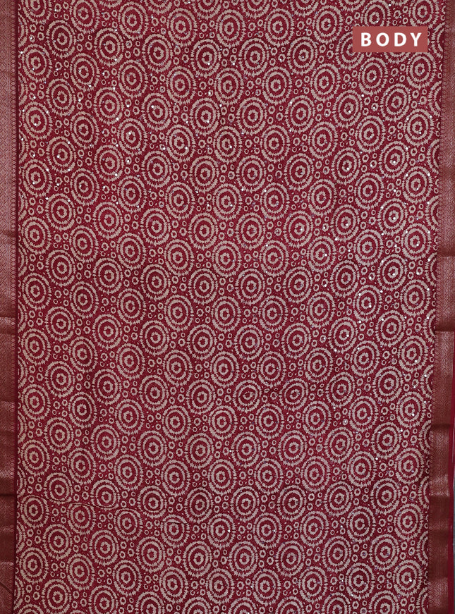 Chanderi silk cotton saree maroon with allover prints & mirror work and banarasi style border
