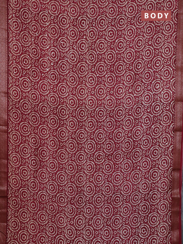Chanderi silk cotton saree maroon with allover prints & mirror work and banarasi style border