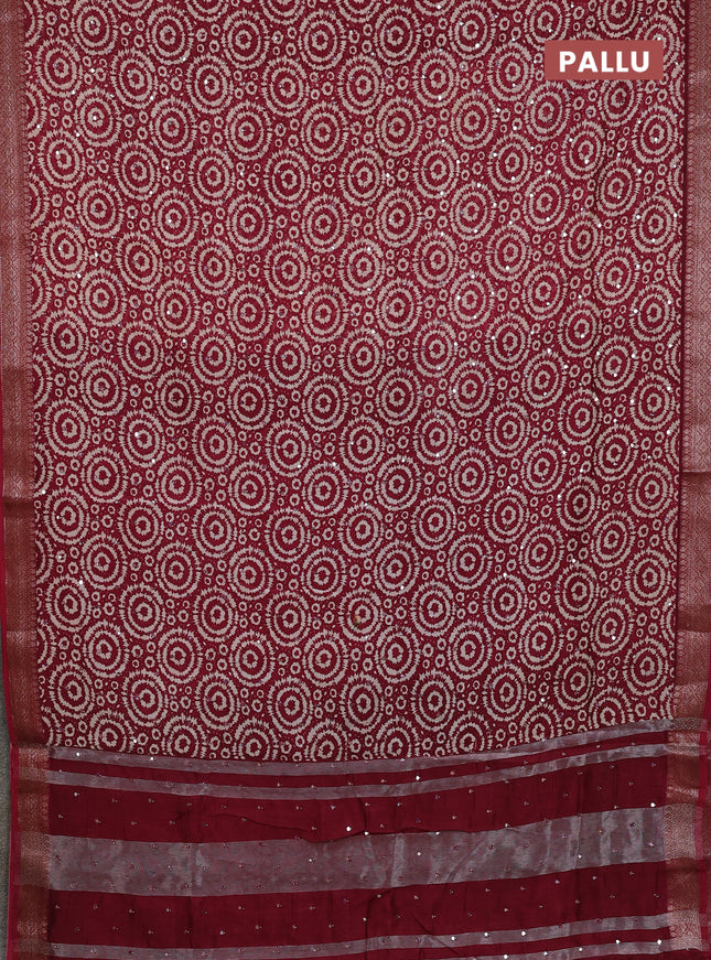 Chanderi silk cotton saree maroon with allover prints & mirror work and banarasi style border