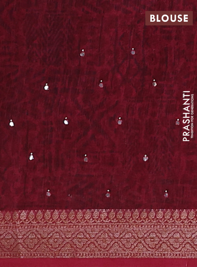 Chanderi silk cotton saree maroon with allover prints & mirror work and banarasi style border