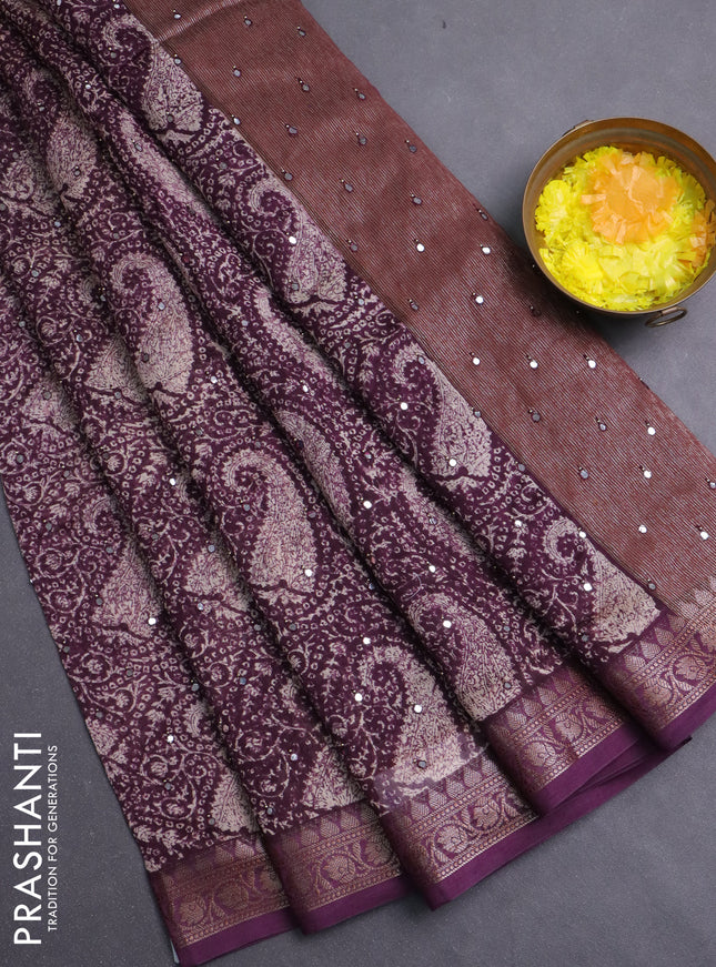 Chanderi silk cotton saree wine shade with allover prints & mirror work and banarasi style border
