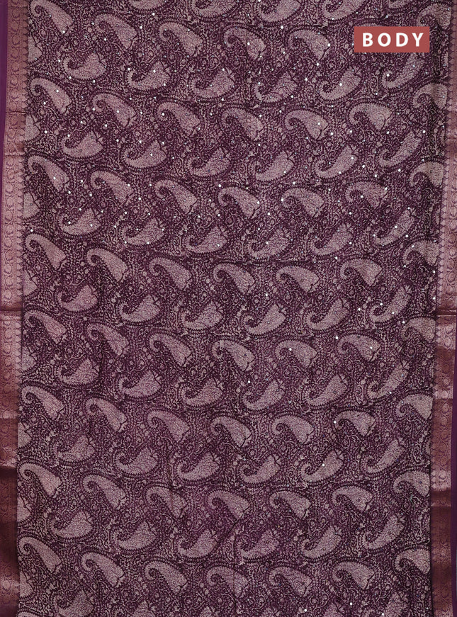 Chanderi silk cotton saree wine shade with allover prints & mirror work and banarasi style border