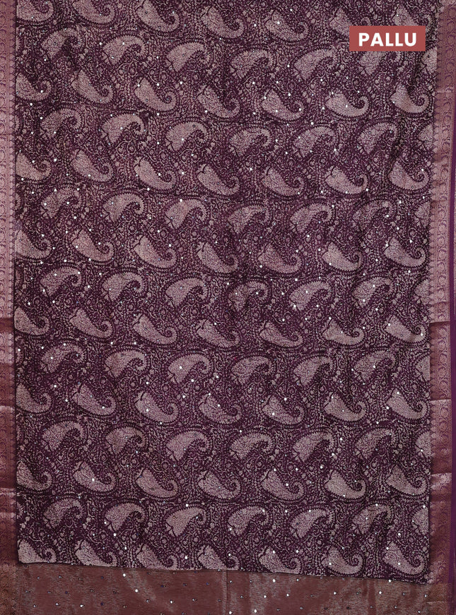 Chanderi silk cotton saree wine shade with allover prints & mirror work and banarasi style border