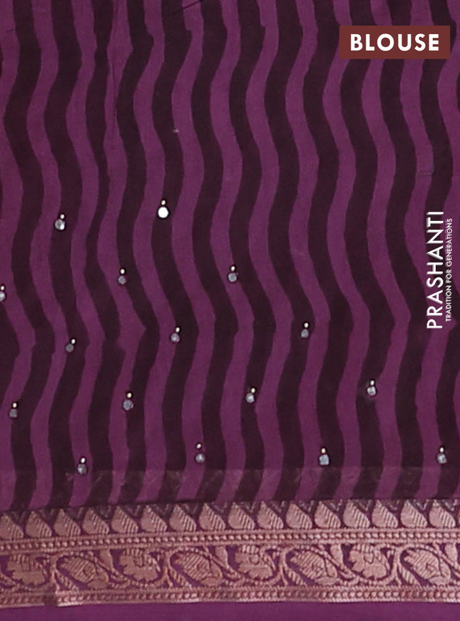 Chanderi silk cotton saree wine shade with allover prints & mirror work and banarasi style border