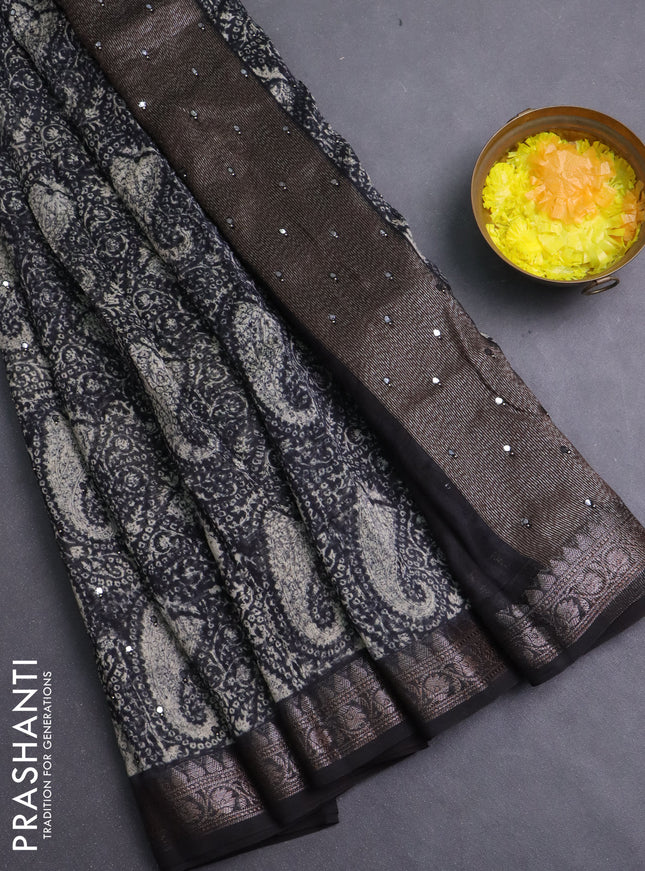 Chanderi silk cotton saree black with allover prints & mirror work and banarasi style border