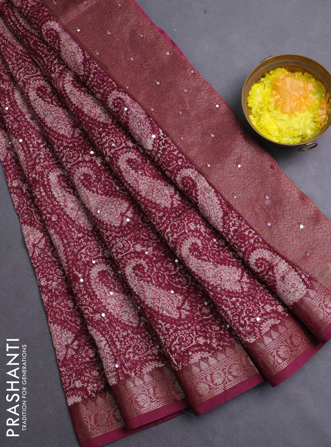 Chanderi silk cotton saree wine shade with allover prints & mirror work and banarasi style border