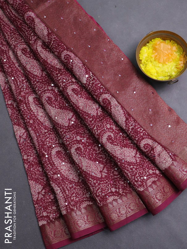 Chanderi silk cotton saree wine shade with allover prints & mirror work and banarasi style border