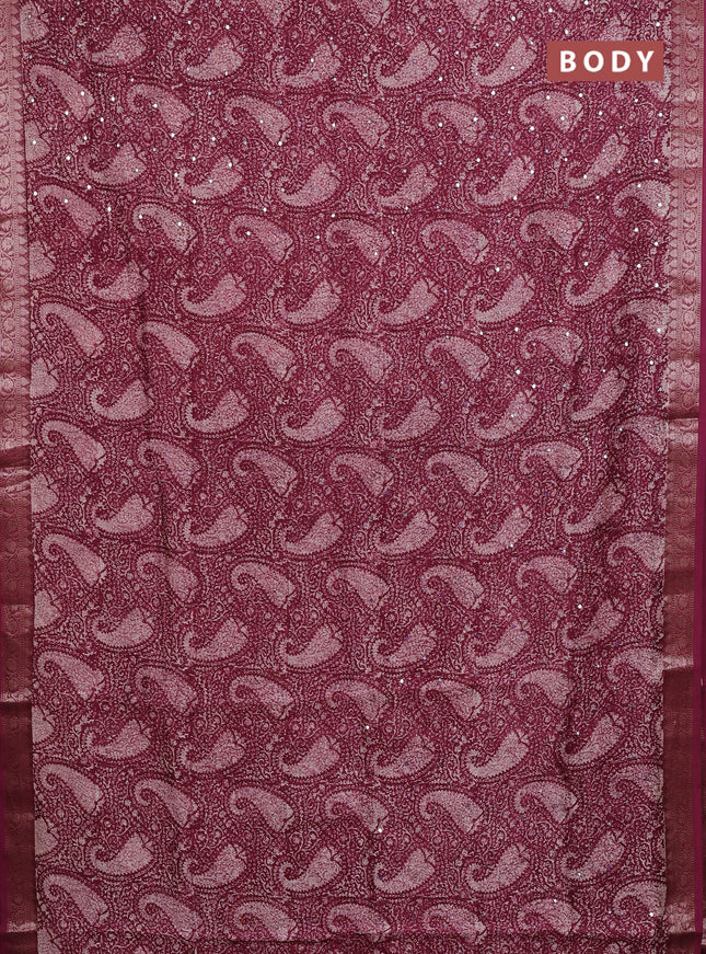 Chanderi silk cotton saree wine shade with allover prints & mirror work and banarasi style border