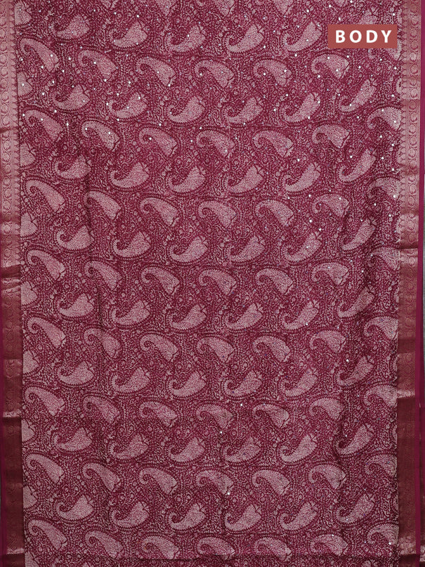 Chanderi silk cotton saree wine shade with allover prints & mirror work and banarasi style border