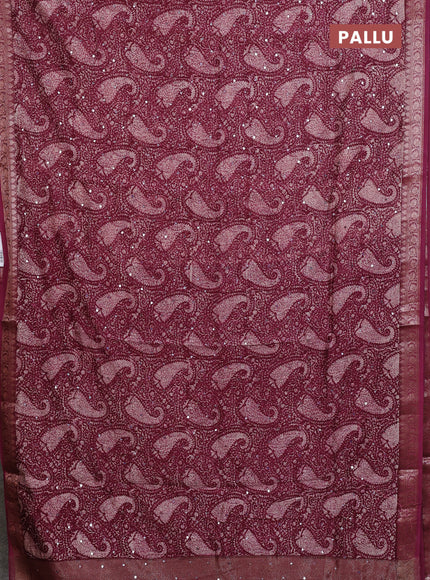 Chanderi silk cotton saree wine shade with allover prints & mirror work and banarasi style border