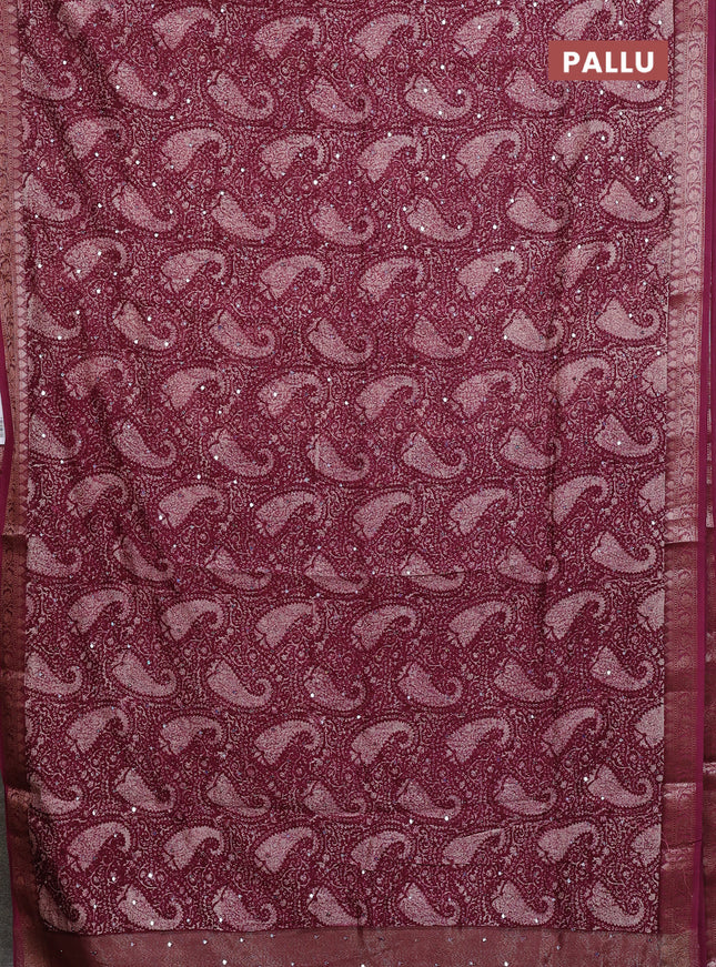 Chanderi silk cotton saree wine shade with allover prints & mirror work and banarasi style border
