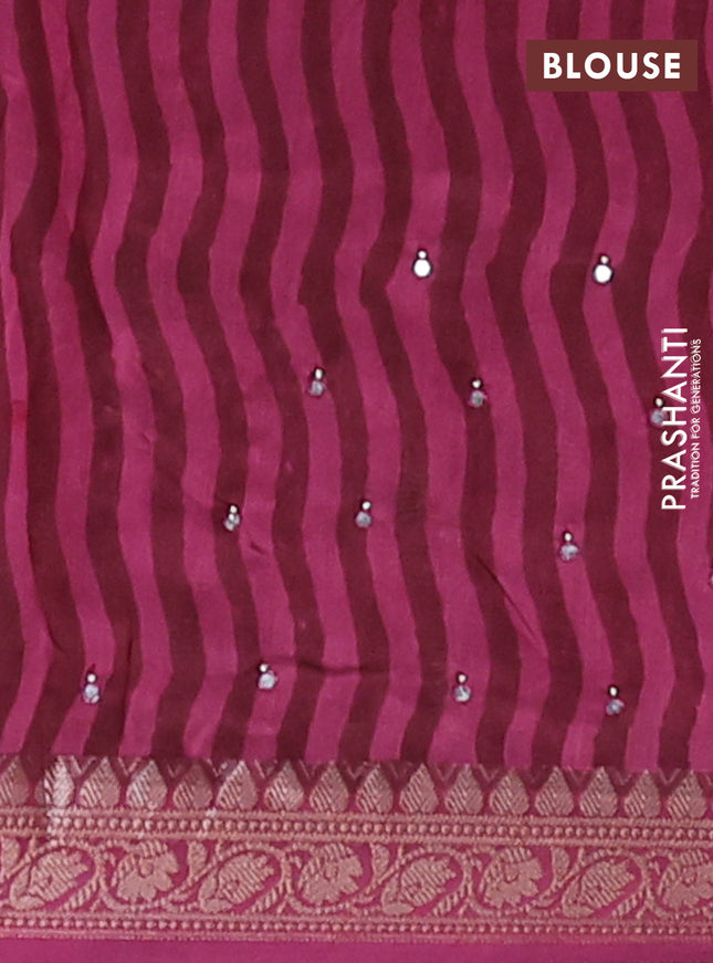 Chanderi silk cotton saree wine shade with allover prints & mirror work and banarasi style border