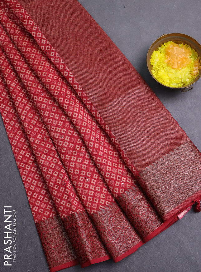 Chanderi silk cotton saree maroon with allover prints & mirror work and banarasi style border