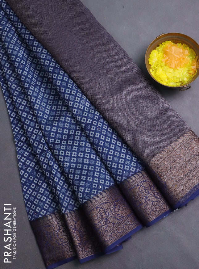 Chanderi silk cotton saree peacock blue with allover prints & mirror work and banarasi style border