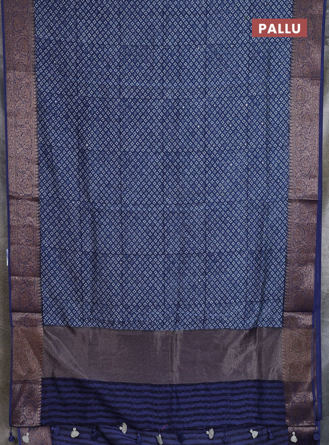 Chanderi silk cotton saree peacock blue with allover prints & mirror work and banarasi style border