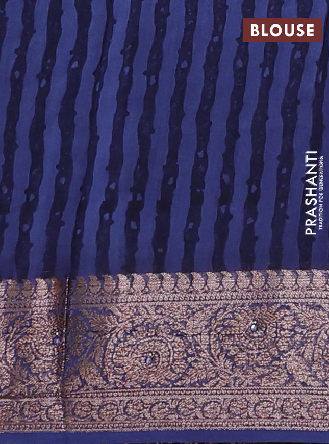 Chanderi silk cotton saree peacock blue with allover prints & mirror work and banarasi style border