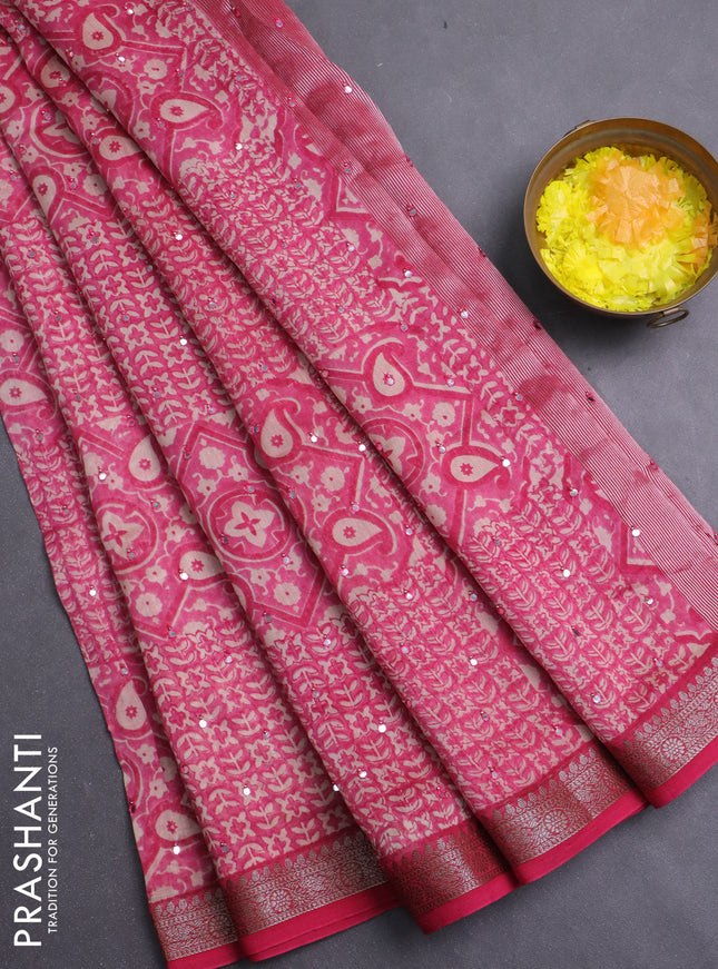 Chanderi silk cotton saree pink with allover prints & mirror work and banarasi style border