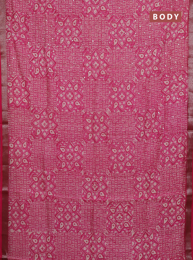 Chanderi silk cotton saree pink with allover prints & mirror work and banarasi style border