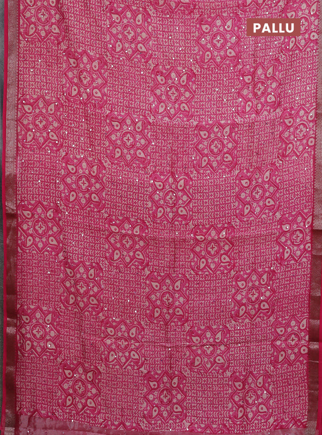 Chanderi silk cotton saree pink with allover prints & mirror work and banarasi style border