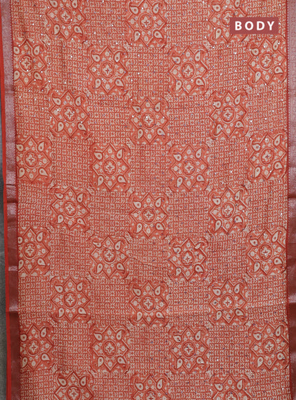 Chanderi silk cotton saree rust shade with allover prints & mirror work and banarasi style border
