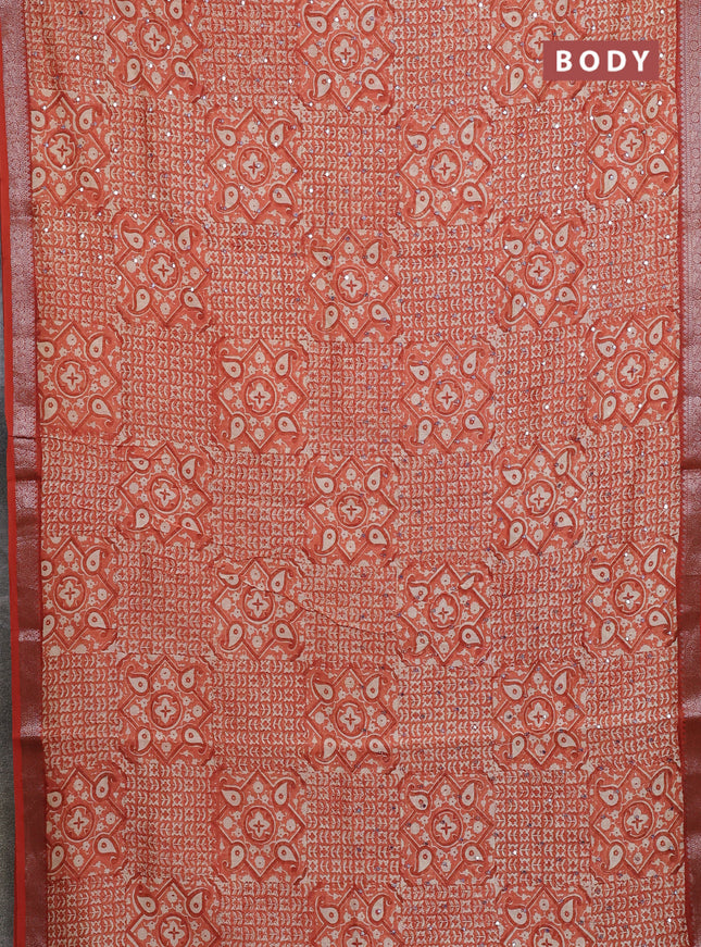 Chanderi silk cotton saree rust shade with allover prints & mirror work and banarasi style border