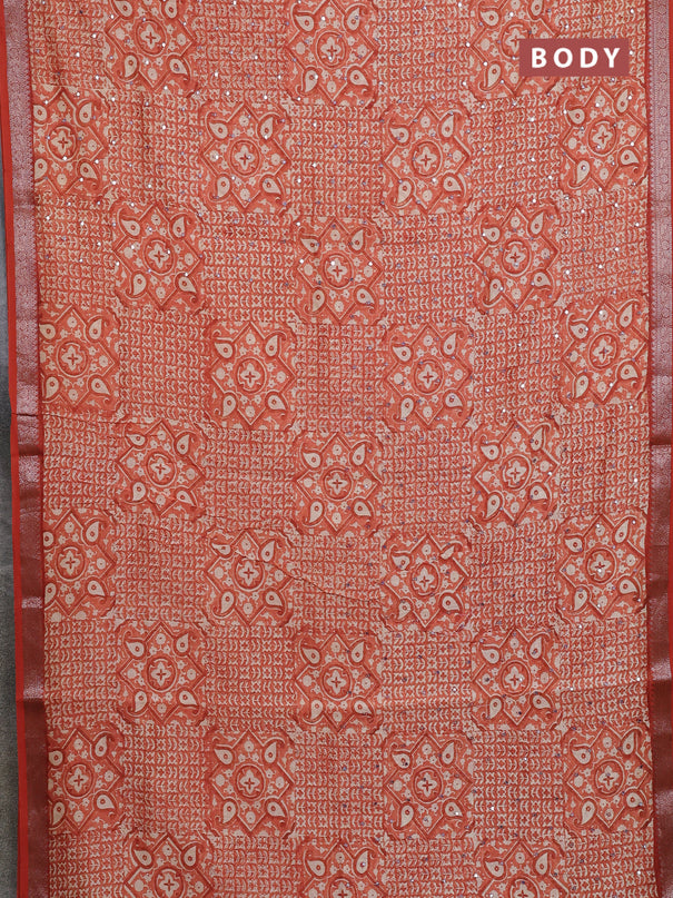 Chanderi silk cotton saree rust shade with allover prints & mirror work and banarasi style border