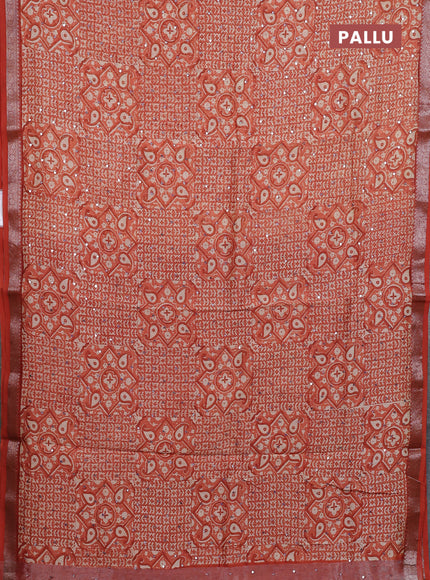 Chanderi silk cotton saree rust shade with allover prints & mirror work and banarasi style border