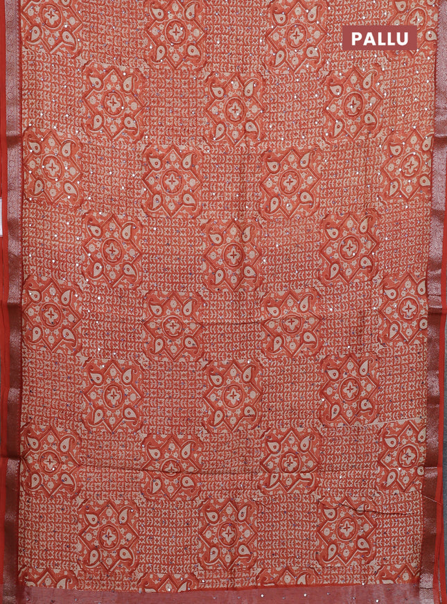 Chanderi silk cotton saree rust shade with allover prints & mirror work and banarasi style border
