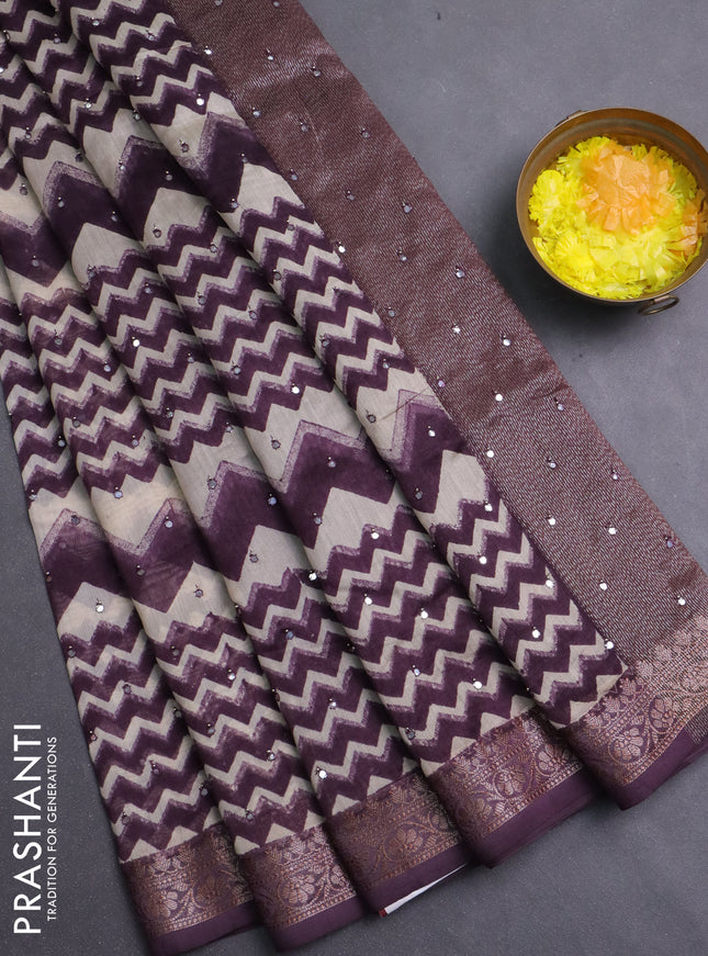Chanderi silk cotton saree wine shade and beige with allover zigzag prints & mirror work and banarasi style border