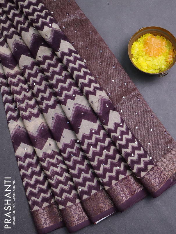 Chanderi silk cotton saree wine shade and beige with allover zigzag prints & mirror work and banarasi style border