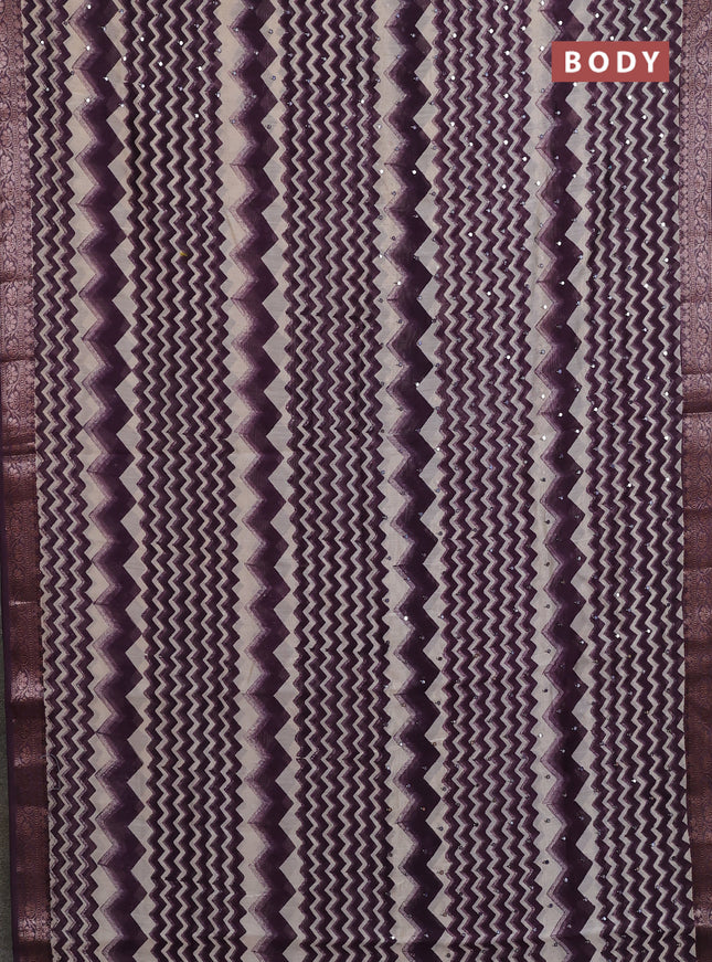 Chanderi silk cotton saree wine shade and beige with allover zigzag prints & mirror work and banarasi style border