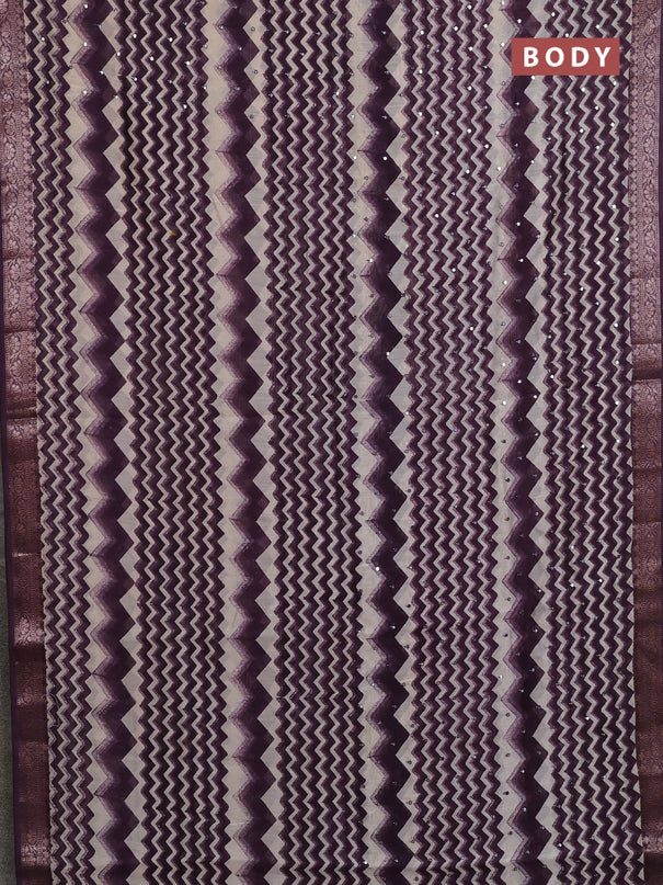 Chanderi silk cotton saree wine shade and beige with allover zigzag prints & mirror work and banarasi style border