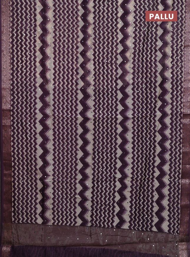 Chanderi silk cotton saree wine shade and beige with allover zigzag prints & mirror work and banarasi style border
