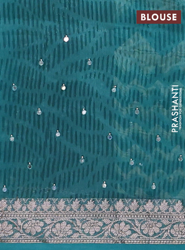 Chanderi silk cotton saree teal green and beige with allover zigzag prints & mirror work and banarasi style border