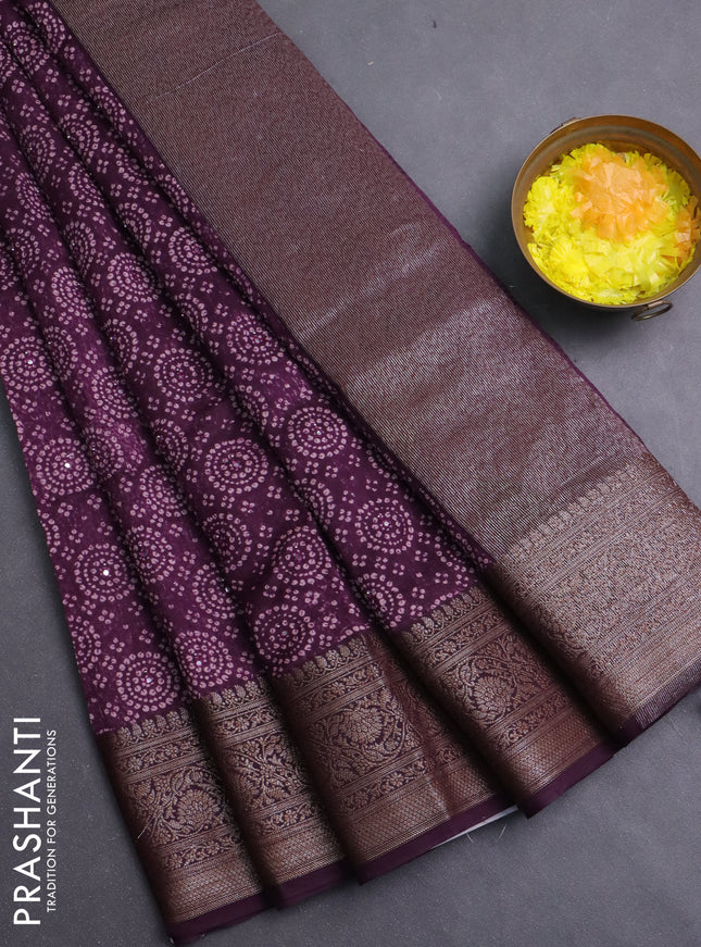 Chanderi silk cotton saree wine shade with allover prints & mirror work and banarasi style border