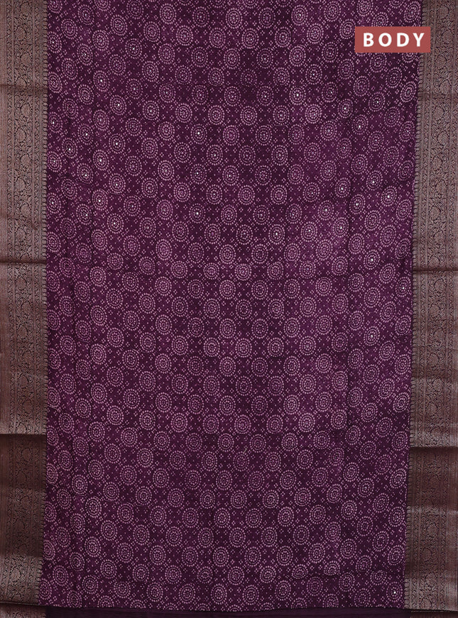 Chanderi silk cotton saree wine shade with allover prints & mirror work and banarasi style border