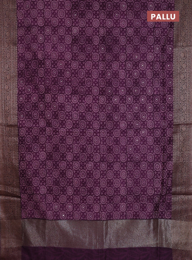 Chanderi silk cotton saree wine shade with allover prints & mirror work and banarasi style border