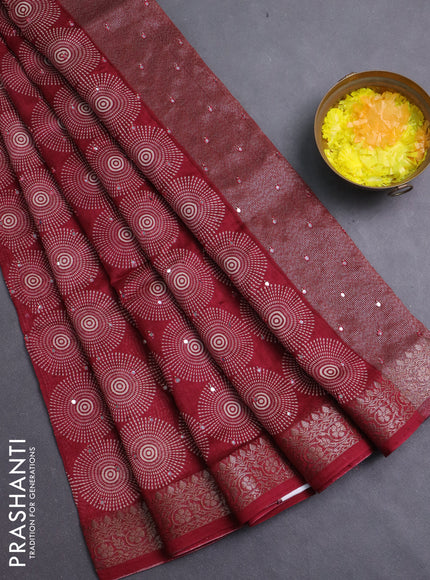 Chanderi silk cotton saree deepn maroon with allover prints & mirror work and banarasi style border