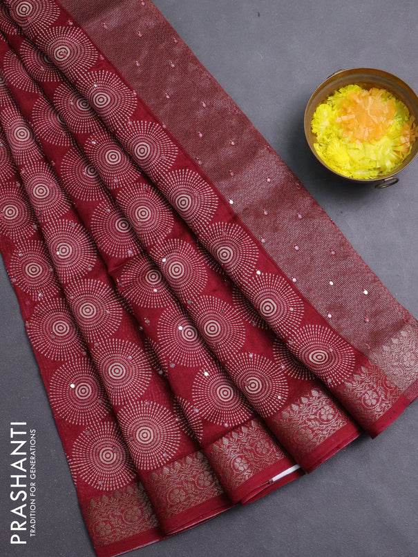 Chanderi silk cotton saree deepn maroon with allover prints & mirror work and banarasi style border