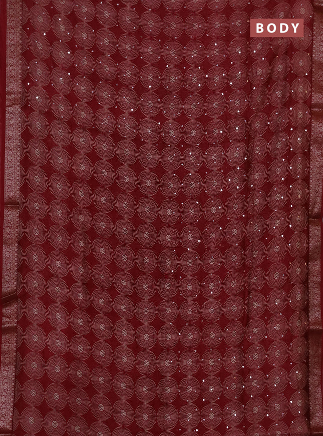 Chanderi silk cotton saree deepn maroon with allover prints & mirror work and banarasi style border