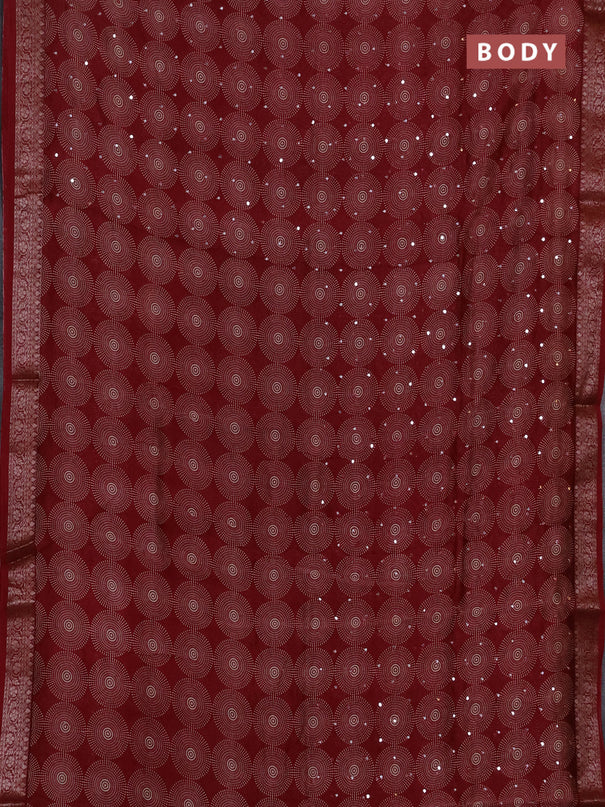 Chanderi silk cotton saree deepn maroon with allover prints & mirror work and banarasi style border