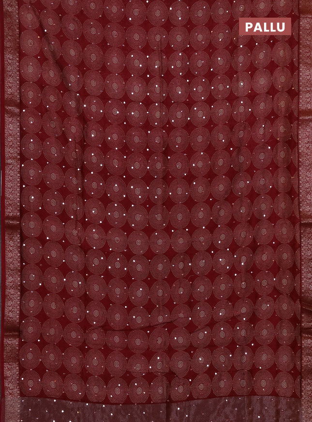 Chanderi silk cotton saree deepn maroon with allover prints & mirror work and banarasi style border