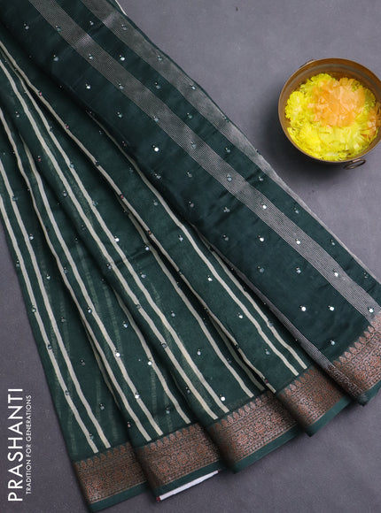 Chanderi silk cotton saree green with allover stripes & mirror work and banarasi style border