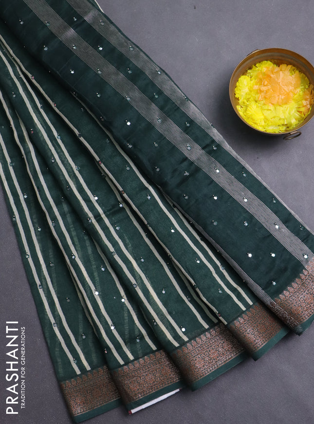 Chanderi silk cotton saree green with allover stripes & mirror work and banarasi style border