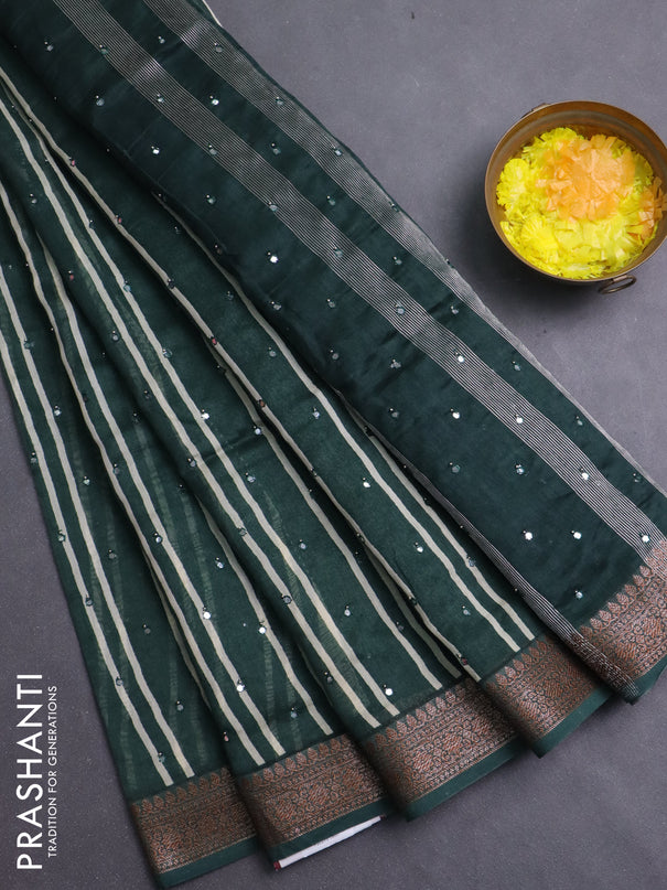Chanderi silk cotton saree green with allover stripes & mirror work and banarasi style border
