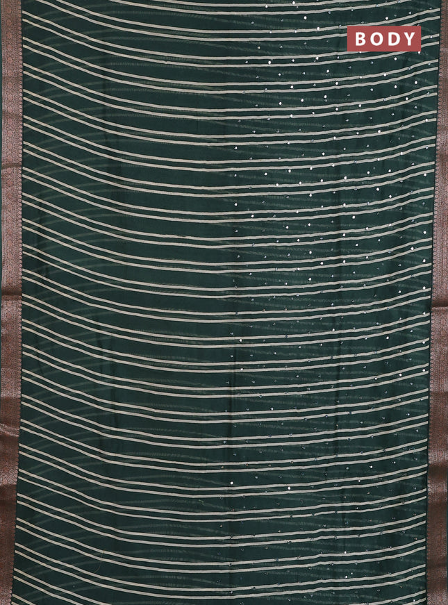 Chanderi silk cotton saree green with allover stripes & mirror work and banarasi style border