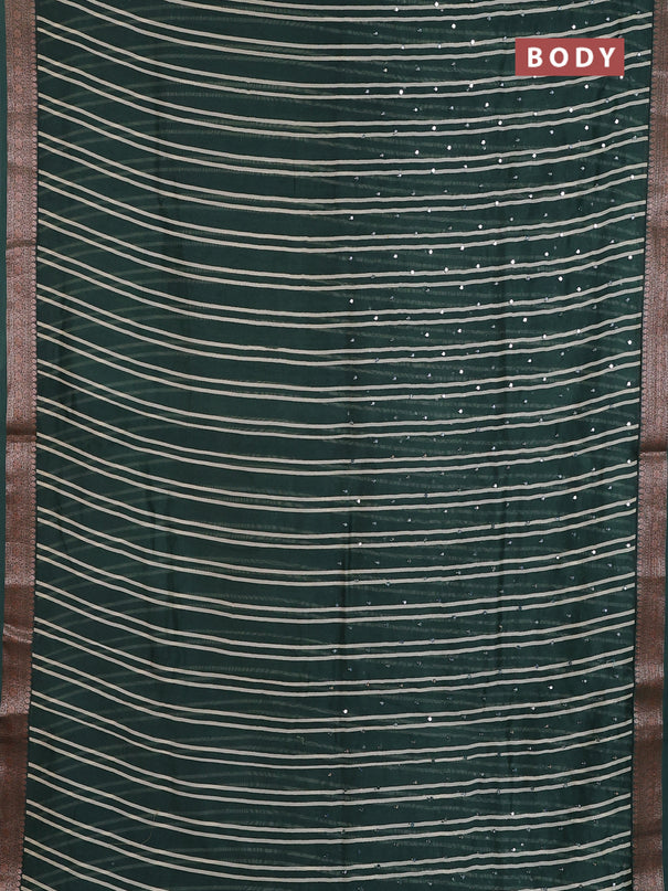 Chanderi silk cotton saree green with allover stripes & mirror work and banarasi style border
