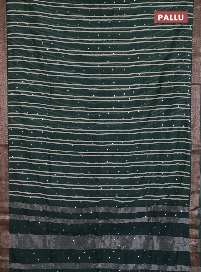 Chanderi silk cotton saree green with allover stripes & mirror work and banarasi style border