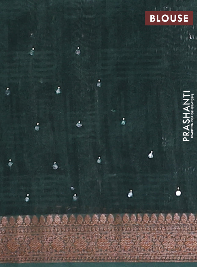 Chanderi silk cotton saree green with allover stripes & mirror work and banarasi style border
